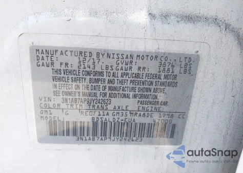 2018 Nissan Sentra Sv из США, поврежденный, VIN 3N1AB7AP9JY242623